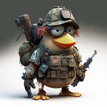 Chicken Cartoon Character Wearing Military Helmet And Equipment, Soldier Hen Bird, 3d Illustration Isolated On Background, Generative Ai 