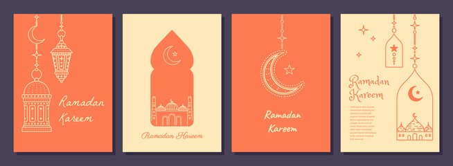 Wall Mural - Color Modern Style Ramadan Mubarak Greeting Cards Set Thin Line for Web and App Design. Vector illustration