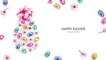 Easter Egg. Colorful Candies And Cherry Pink Flowers Isolated On White.