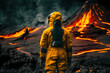 volcanologist in a burning hot lava landscape, created with generative ai