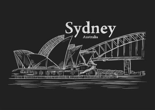 hand drawn black and white illustration of sydney