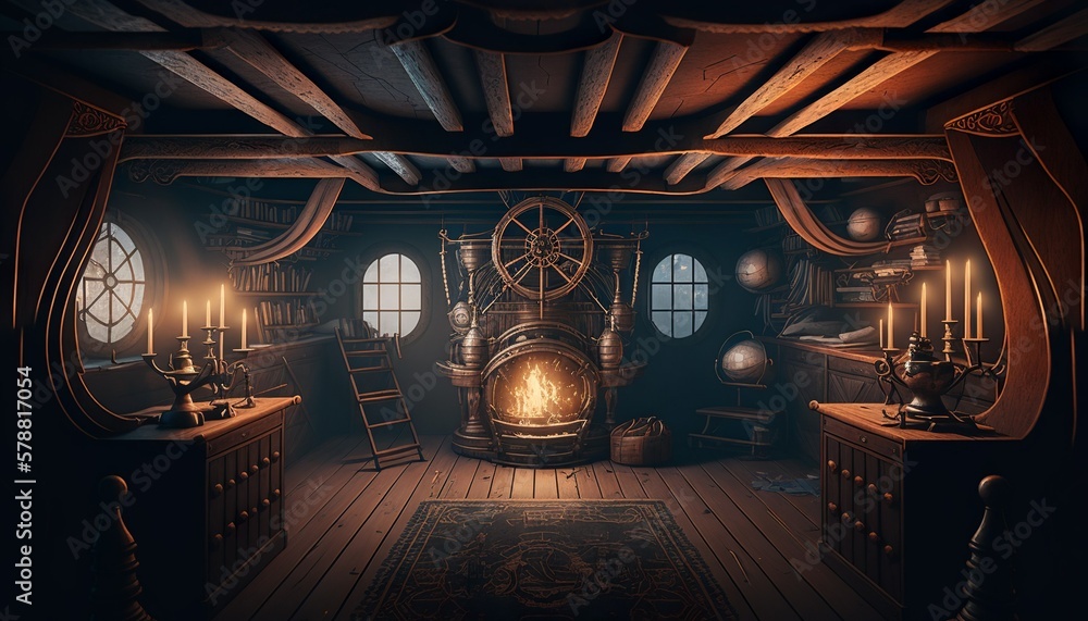Sailing ship deck interior with nautical equipment and cannons concept ...