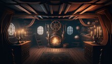 Sailing Ship Deck Interior With Nautical Equipment And Cannons Concept Design Generative Ai