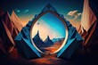 abstract virtual landscape with blue rocks and mountains. Surreal wallpaper, fantastic background with triangular portal 
