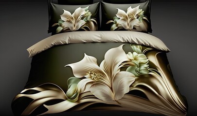 Wall Mural -  a picture of a bed with a flower design on it.  generative ai