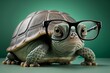 Green turtle with glasses on studio background. Generative AI.