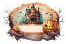 Watercolor Banner With Carved Pumpkin And Haunted House For Halloween, Copy Space. Generative AI.