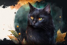 Watercolor Banner With Black Cat For Halloween, Copy Space. Generative AI.