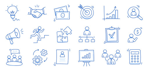 Doodle business icon set. Doodle business strategy, finance, office people teamwork concept. Target, puzzle, chart element. Hand drawn sketch style vector illustration