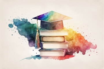 Watercolor banner featuring a graduation hat and books with empty space for text. Generative AI.