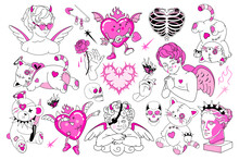 Set Of Y2k Stickers. Lovely Baby Pink Color. Dark Emo Goth Graphic With Devil And Angel. Gothic Prints With Mystical Fire, Flame, Hearts. Vintage Isolated Badges. Weird 90s, 00s Love Aesthetic.