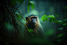 Cute Monkey In The Jungle During Rain Created With AI	