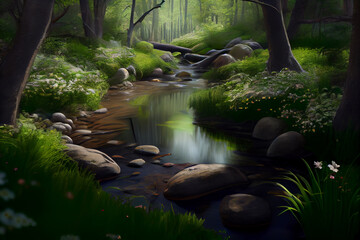 Poster - flowing stream, surrounded by lush green trees and blooming flowers. Generative AI technology.