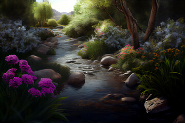 Poster - flowing stream, surrounded by lush green trees and blooming flowers. Generative AI technology.