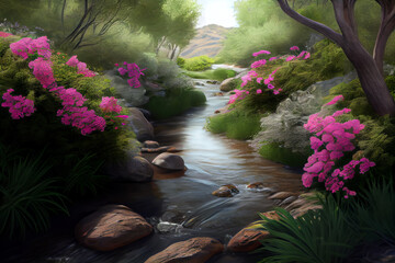 Poster - flowing stream, surrounded by lush green trees and blooming flowers. Generative AI technology.