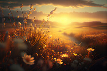 A Beautiful Sunset Over A Meadow, With The Sun Casting A Warm Golden Glow On The Fields Of Blooming Flowers.