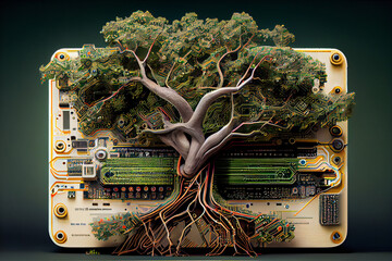 Leinwandbilder - A surrealist image combining elements of nature and technology, such as a tree growing out of a circuit board,  Generative AI technology.