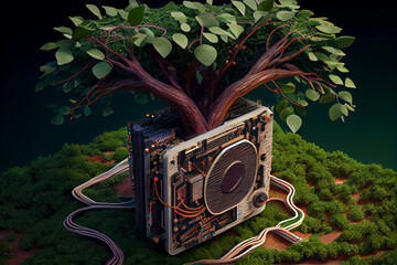 Poster - A surrealist image combining elements of nature and technology, such as a tree growing out of a circuit board,  Generative AI technology.