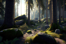 Forest Landscape With Thick Fir Trees Trunks And  Moss And Lichen Shadow And Soft Light.