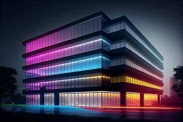Poster - modern office building at night, with the exterior illuminated by colorful lights and accent features, creating a striking and memorable impression.  Generative AI technology.