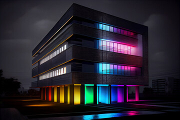Poster - modern office building at night, with the exterior illuminated by colorful lights and accent features, creating a striking and memorable impression.  Generative AI technology.