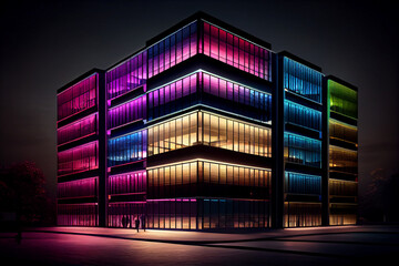 Poster - modern office building at night, with the exterior illuminated by colorful lights and accent features, creating a striking and memorable impression.  Generative AI technology.