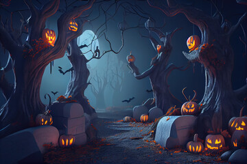 Wall Mural - A spooky forest with dead trees and jack-o'-lanterns makes for a Halloween background.