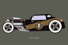 Black And Golden Hot Rod, Side View, Flat Design Style