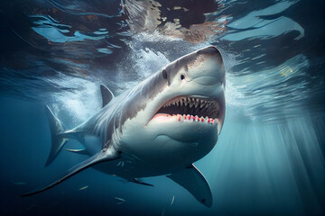 Wall Mural - Great white shark swimming towards the camera with its jaws open. The shark's teeth are clearly visible and its eyes have an intense look. Generative AI technology.