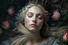 Sleeping Queen Among Rose Petals, Fairy Tale