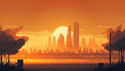 Wall Mural - Lofi skyline chill orange and yellow background, generative ai