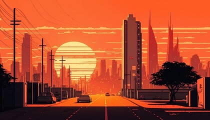 Wall Mural - Lofi skyline chill orange and yellow background, generative ai