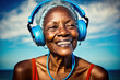 Happy senior woman listening music in headphones, generative AI
