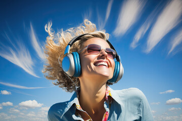 Happy woman listening music in headphones, generative AI