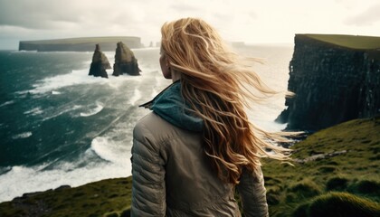 Wall Mural - woman hiking cliff, travel concept, generative ai