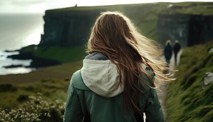 Wall Mural - woman hiking cliff, travel concept, generative ai