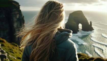 Wall Mural - woman hiking cliff, travel concept, generative ai
