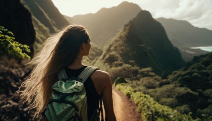 Wall Mural - woman hiking cliff, travel concept, generative ai