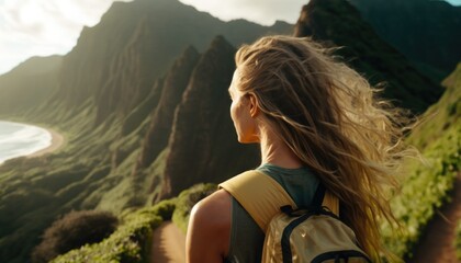 Wall Mural - woman hiking cliff, travel concept, generative ai