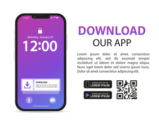Download page of the mobile app. Empty screen smartphone for you apps. Download our new app ,Mobile App. Load buttons. Mobile application banner page. Vector illustration