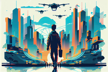 The way of life of people in the cities of the future is working and transporting by drones.