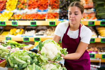 Attentive young female market assistant in apron laying out local cauliflower on shelves in supermarket