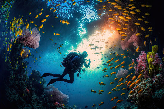 scuba diving in tropical ocean coral reef sea under water, scuba diver, diver, swim, caribbean, fiji