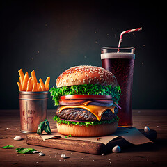 Wall Mural - Big cheeseburger with french fries and cola on a black background. Generative AI.
