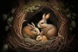 Easter rabbits incubate their eggs in nest on a tree, concept of Fertility and Renewal, created with Generative AI technology