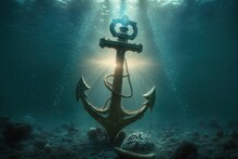 Anchor Falls Into The Water In The Turquoise Ocean, Selective Focus. AI Generated