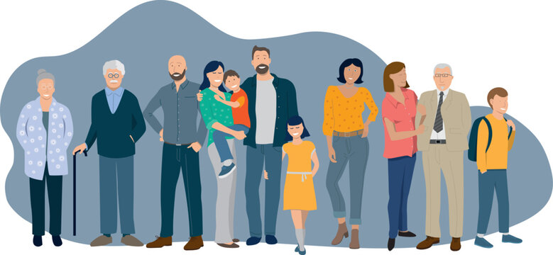 illustration vectorielle représentant un groupe de personnages, une famille composée de plusieurs gé