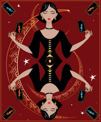 A playing card of a lady holding tarot cards depicting swords against a background of golden crescents.