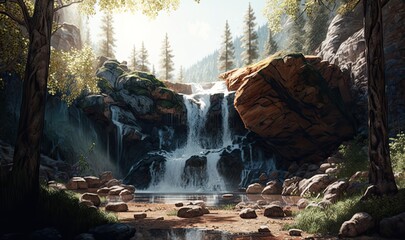  beautiful nature background with waterfall and forest.Generative ai