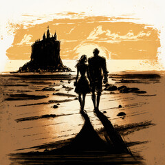 Wall Mural - A couple taking a romantic walk on the beach, Pencil Sketch style. Generative AI